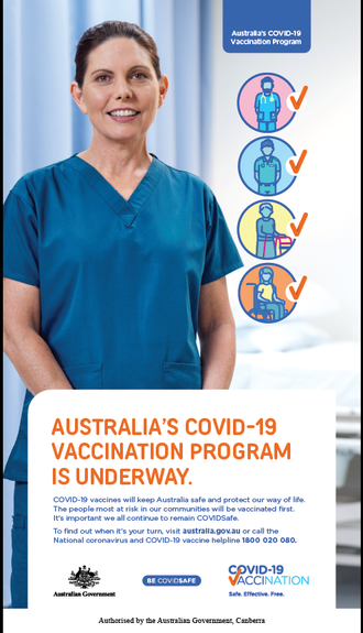 A poster released in March 2021, part of the Australian Government's COVID-19 vaccination rollout Australia's covid-19 vaccination underway.png