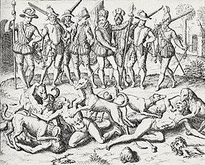 Desenho de Théodore de Bry (1594): Vasco Núñez de Balboa solta seus cães de guerra para execução de um grupo de indígenas homossexuais na América Central.