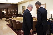 Obama talks with Benjamin Netanyahu, March 2013. Barack Obama talks with Benjamin Netanyahu (8637772147).jpg
