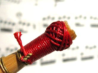 Detail of binding around base of reed. Bassoon reed binding.jpg