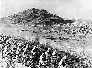 The book is illustrated with historic images, such as this one for The Graphic in 1898 of the Battle of Omdurman by Frank Dadd. Infantry of the British Army are shown firing on the Mahdi's dervishes from the cover of a zeriba fence. The image's caption in the book states that "Machineguns and infantry wiped them out. Whole battalions were destroyed by the murderous fire." Battle of Omdurman Frank Dadd 1898.jpg
