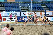 Deutsch: Beachhandball Europameisterschaften 2019 (Beach handball Euro); Tag 5: 6. Juli 2019 – Frauen, Platzierungsspiel für die Ränge 17–20, Nordmazedonien-Slowenien 0:2 (10:13, 9:15) English: Beach handball Euro; Day 5: 6 July 2019 – Placement Match/Cross Match for rank 17–20 Women – North Macedonia-Slovenia 0:2 (10:13, 9:15)