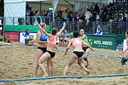 Deutsch: Beachhandball Europameisterschaften 2019 (Beach handball Euro); Tag 5: 6. Juli 2019 – Frauen, Platzierungsspiel für die Ränge 17–20, Nordmazedonien-Slowenien 0:2 (10:13, 9:15) English: Beach handball Euro; Day 5: 6 July 2019 – Placement Match/Cross Match for rank 17–20 Women – North Macedonia-Slovenia 0:2 (10:13, 9:15)