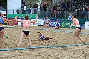 Deutsch: Beachhandball Europameisterschaften 2019 (Beach handball Euro); Tag 5: 6. Juli 2019 – Frauen, Platzierungsspiel für die Ränge 17–20, Nordmazedonien-Slowenien 0:2 (10:13, 9:15) English: Beach handball Euro; Day 5: 6 July 2019 – Placement Match/Cross Match for rank 17–20 Women – North Macedonia-Slovenia 0:2 (10:13, 9:15)