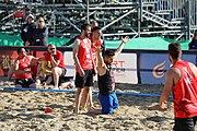 Deutsch: Beachhandball Europameisterschaften 2019 (Beach handball Euro); Tag 1: 2. Juli 2019 – Männer, Vorrunde Gruppe D, Frankreich-Montenegro 2:0 (19:7, 18:9) English: Beach handball Euro; Day 1: 2 July 2019 – Men Preliminary Round Group D – France-Montenegro 2:0 (19:7, 18:9)