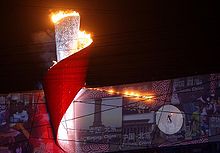 Lighting of the cauldron by Li Ning Beijing 2008 Olympic cauldron lighting (cropped).JPG