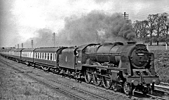 LMS Rebuilt Royal Scot Class 46164 The Artists' Rifleman with the Up Merseyside Express between Tring and Berkhamstead on 5 May 1962. Berkhamsted geograph-2741226-by-Ben-Brooksbank.jpg