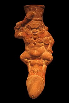 Rhyton à l'effigie du dieu égyptien Bès ithyphallique. Terre cuite peinte, période ptolémaïque.