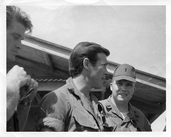 Christopher George with fellow Rat Patrol actor Lawrence Casey and Second Lieutenant David Coupe, U.S. Army Signal Corps, at III Corps Headquarters, B