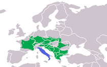 Verspreidingskaart van de geelbuikvuurpad (groen) en de verspreiding in Italië in het blauw.