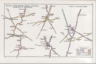 A 1903 Railway Clearing House Junction Diagram showing (left) railways in the vicinity of Thurlby Bourne, Little Bytham, March, Spalding, Stamford & Wansford Lynn & South Lynn RJD 46.jpg