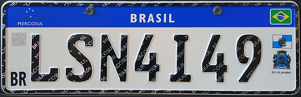 Brazilian vehicle license plate for a private-use vehicle registered in Rio de Janeiro, RJ. Mercosur-style plates were introduced in September 2018.