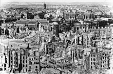 The Bombing of Dresden (13-15 February 1945) killed an estimated 25,000 people and is often regarded as a case of indiscriminate air attack. Bundesarchiv Bild 146-1994-041-07, Dresden, zerstortes Stadtzentrum.jpg