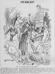 1904 editorial cartoon by E. A. Bushnell, urging that funds be appropriated for the goals of the Good Roads Movement Bushnell cartoon about roads.jpg