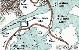 Bussell Island vicinity, with the dotted blue line showing the island's original east and southwest shorelines Bussell-island-vicinity-tn1.jpg