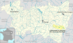 Location of the municipal association Gérardmer-Monts et Vallées in the Vosges department