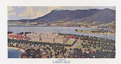 Promotional illustration of the factory, estate and surrounds, 1950s Cadburys Chocolate Factory Claremont Tasmania Harry Kelly 1950.jpg