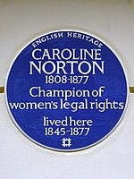 Caroline Norton 1808-1877 Juara perempuan hak-hak hukum tinggal di sini 1845-1877.jpg