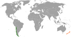 Mapa označující umístění Chile a Nového Zélandu