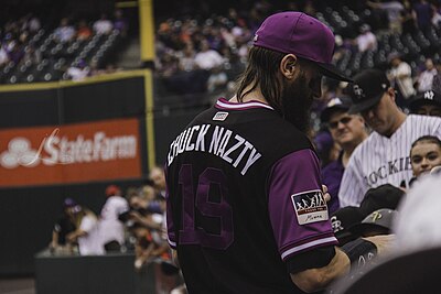 Charlie Blackmon of the Colorado Rockies identified as "Chuck Nazty" at the 2018 event