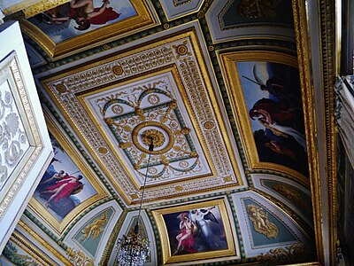 Neoclassical lion mascarons on the ceiling of the Salon Bleu, Château de Compiègne, Compiègne, France, unknown architect of painter, c.1810