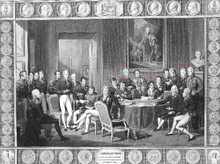 The Congress of Vienna met in 1814-15. The objective of the Congress was to settle the many issues arising from the French Revolutionary Wars, the Napoleonic Wars, and the dissolution of the Holy Roman Empire Congress of Vienna.PNG