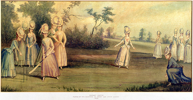 Watercolor painting from 1779 of a ladies cricket match played by Elizabeth Smith-Stanley, Countess of Derby and other women