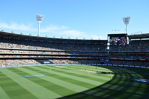 Die Melbourne-krieketveld tydens die Krieketwêreldbeker 2015 se eindstryd tussen Australië en Nieu-Seeland