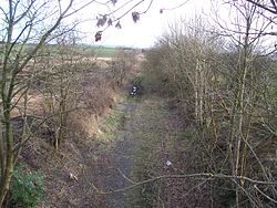 The station site looking south-east towards Busbie Junction and Kilmarnock in 2007 Cunninghamhead railway station 2007.jpg