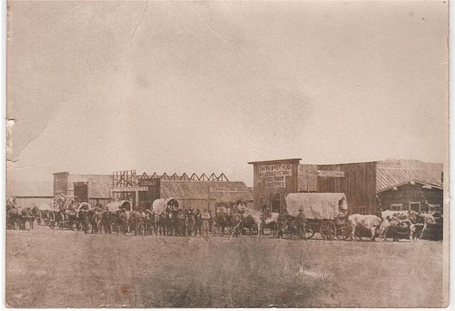 Oxen-drawn freight team entering Custer in 1876