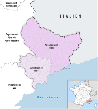 Map of arrondissements of the Alpes-Maritimes department. Departement Alpes-Maritimes Arrondissement 2017.png