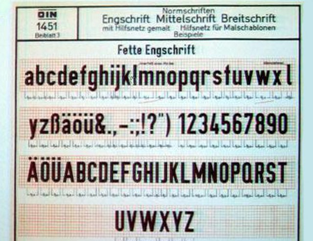 Early DIN-Fette Engschrift specimen. Fette Engschrift is a single weight of the DIN 1451 typeface.