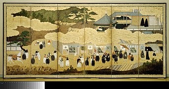 Panneau japonais représentant l'arrivée des Portugais. Début du XVIIe siècle.