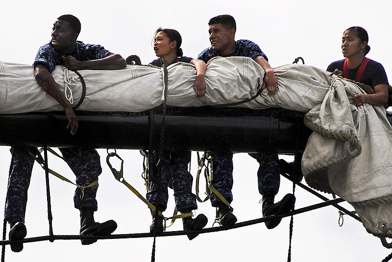 File:Defense.gov News Photo 110629-N-SH953-348 - U.S. Navy sailors place the sail on the yard of the main mast aboard the USS Constitution for the first time since the ship began a restoration.jpg