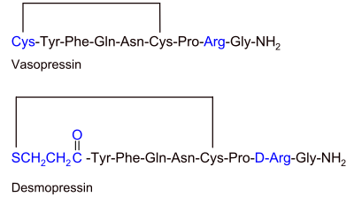 Primary structure of vasopressin and desmopressin.