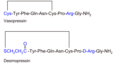 Primärstruktur von Vasopressin und Desmopressin.