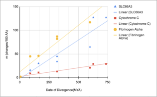 Date of divergence vs corrected divergence of SLC66A3 orthologs compared to cytochrome c and fibrinogen alpha. Divergence data for SLC66A3.png