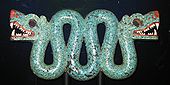 Double-headed serpent; 1450–1521; Spanish cedar wood (Cedrela odorata), turquoise, shell, traces of gilding & 2 resins are used as adhesive (pine resin and Bursera resin); height: 20.3 cm (8.0 in), width: 43.3 cm (17.0 in), depth: 5.9 cm (2.3 in); British Museum