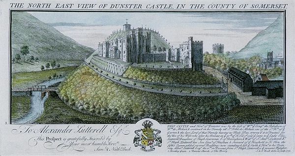 The castle in 1733, showing the then recently planted New Way, the mansion (l), Great Gatehouse (c) and stables (r). The motte, with the summer house,