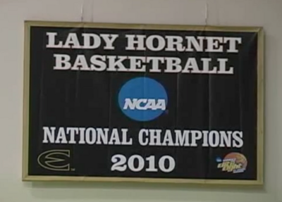 2010 National Championship banner hanging in White Auditorium