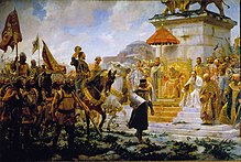 Roger de Flor is received by the Byzantine emperor. Entrance of Roger of Flower in Constantinopla (1888). Work of Jose Moreno Carbonero (Palace of the Senate, Madrid). Entrada de Roger de Flor en Constantinopla (Palacio del Senado de Espana).jpg