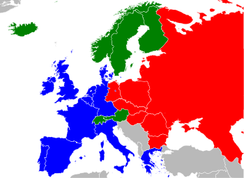 European trade blocs as of 1988. EEC member states are marked in blue, EFTA - green, and Comecon - red. Europe 1988.svg