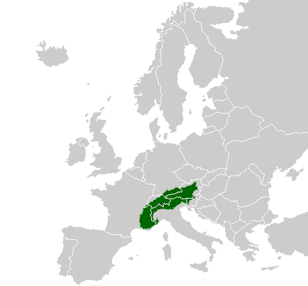 The location of the Alps in Europe