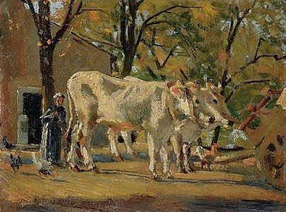 Farmyard with oxen and peasant woman label QS:Len,"Farmyard with oxen and peasant woman" -