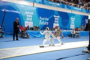 Deutsch: Fechten bei den Olympischen Jugend-Sommerspielen 2018: Tag 1, 7. Oktober 2018, Jungen, Säbel, Runde der letzten 16 - Ali Al-Bahrani (KSA) Vs Antonio Heathcock (GER) 9:15 English: Fencing at the 2018 Summer Youth Olympics at 7 October 2018 – Boys' sabre Round of 16 – Ali Al-Bahrani (KSA) Vs Antonio Heathcock (GER) 9:15