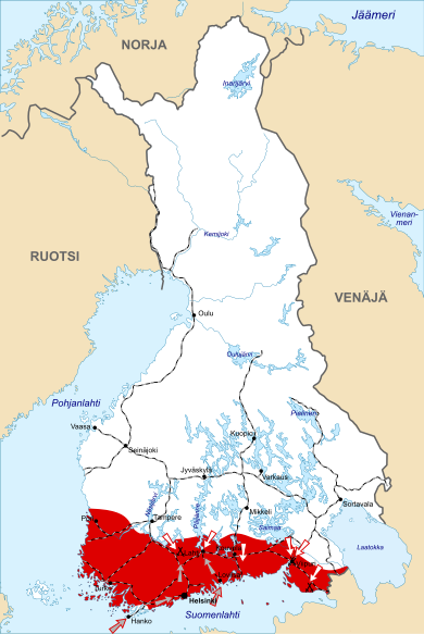 The German Army's landings on the south coast and their operations. The Whites' decisive offensives in Karelia.
Areas controlled by the Whites and their offensive
German offensive
Areas controlled by the Reds
Railroad network FinnishCivilWarMapEnd.svg
