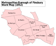 The wards of the Metropolitan Borough of Finsbury, 1952. Clerkenwell forms the western part of this area Finsbury Met. B Ward Map 1952.svg