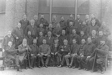 * Top row: Councillors W Crow, T Knight, T Anderson, A Govier, J H Pavitt, W Lewis, C Mansfield, H Wagstaff, J Cook * Second row:Councillors H Young, J Maw(?) E Fulcher, R Fielder, E Jex, S Vinicombe, E E Barnett, J H Bethell, F Hammersley * Third row: Councillors G H Courtney(?) W Hands, G W Kidd, R Wortlet, H Callaghan, R White, WH Medcalf, M Adamson, F Smith * Seated: Aldermen H Pillips, J Scully, W Deason(?) G Hay, J Meeson (Mayor) G Rivett, H Worland, C Stoner, H Barry(?), R L Curtis First West Ham Borough Council, 1886-7.jpg