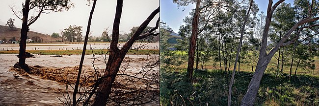 On the left is a photo taken during the 1998 floods in Swifts Creek in Australia. On the right is the same location 8 years later Flood comparison.jpg