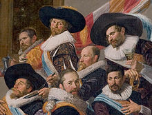 Detail of Banquet of the officers of the Calivermen Civic Guard, Haarlem, 1627, by Frans Hals, showing Dutch militia officers wearing cavalier hats. Frans Hals - detail showing Cavalier hats.jpg